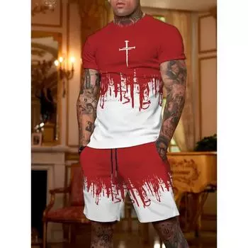 Новый мужской модный комплект из футболки и шорт красного, белого цветов с 3D-принтом в виде креста и меча S