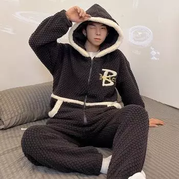 Новый мужской осенне-зимний утолщенный пижамный комплект из кораллового флиса, плюшевый домашний костюм с капюшоном и застежкой-молнией, длинный рукав, фланель, комплект из 2 предметов, пижама, теплая ночная одежда L