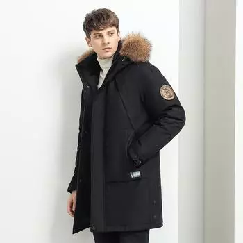 Новый мужской повседневный деловой пуховик со съемным большим меховым воротником, мужская толстая термокуртка M чёрный