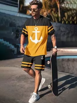 Новый мужской повседневный модный костюм с 3D-принтом, мужской спортивный костюм, спортивный костюм, футболка с короткими рукавами + шорты, комплект из двух предметов S