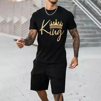Новый мужской спортивный комплект из шорт с короткими рукавами, летняя футболка с принтом King 3D и шорты на шнурке, комплект из 2 предметов S