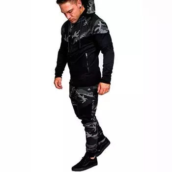 Новый мужской спортивный свитер с камуфляжным принтом и цветными блоками с капюшоном M