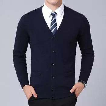 Новый мужской свитер осень-зима шерсть 100 плоский длинный рукав карман кардиган шерстяной кардиган для людей среднего и пожилого возраста M