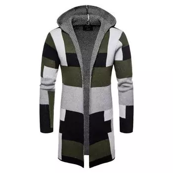 Новый мужской свитер, повседневный утепленный вязаный кардиган миди с цветными блоками, куртка-кардиган M зелёный
