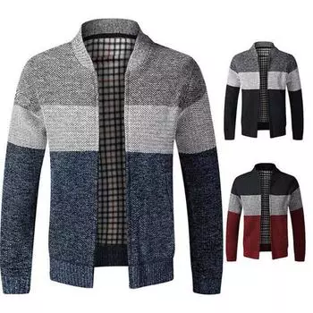 Новый мужской зимний вязаный кардиган с воротником-воронкой на молнии и толстой флисовой подкладкой, топ M синий