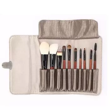 Новый набор из 10 кистей для макияжа из шерсти животных из красного дерева, полный набор мягких волос из черного дерева, сумка с замком для кистей для макияжа из шерсти животных