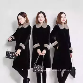Новый наряд для мамы из искусственного меха представляет собой воротник из искусственной норки с хлопком и утолщенным тонким кашемировым пальто средней длины с облегающим кроем. S recommends 80-45kg чёрный