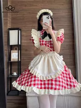 Новый наряд горничной с красным котом, мягкое платье Лолиты для девочек, униформа горничной Лоли, косплей, аниме, косплей S чёрный