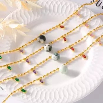 Новый натуральный камень круглый циркон кулон рисовые бусины ожерелье женское титановая сталь покрытая 18-каратным золотом легкая роскошь высокого класса универсальный