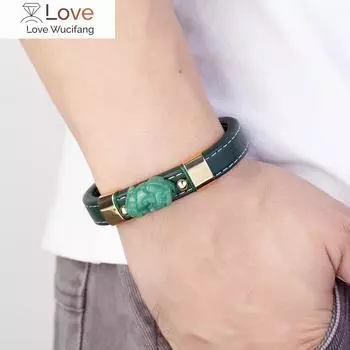 Новый натуральный нефритовый браслет Pixiu с подвесками для мужчин, браслет из кожи и нержавеющей стали 316l, подарок 23cm