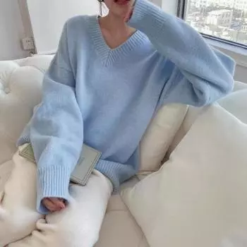 Новый нежный джемпер из мохера, женский свитер, японский синий пуловер с v-образным вырезом, свободный ленивый осенне-зимний верх, утолщенный свитер, топы One Size розовый