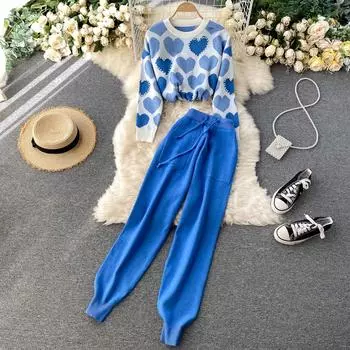 Новый нежный стильный свитер, вязаный топ, универсальные брюки с высокой талией, осенне-зимний женский костюм