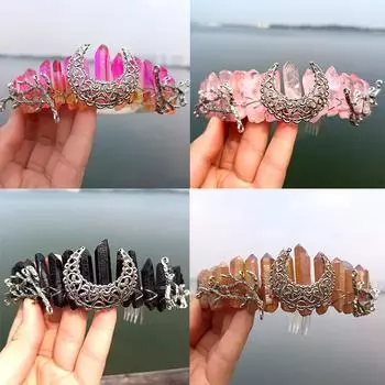 Новый обруч для волос с натуральным кристаллом и радужной короной, свадебный головной убор, вечерние аксессуары для волос в виде лунной ветки, расческа для волос