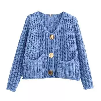 Новый однотонный свитер с одним рядом круглых пуговиц для женщин, удобный повседневный, с двойным карманом, модный трикотажный топ с V-образным вырезом S небесно-голубой