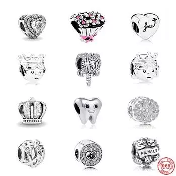 Новый оригинальный 925 серебряный цветок розы подвеска в виде зуба Корона бусины подходят для дам браслет пара DIY ювелирные изделия подарок