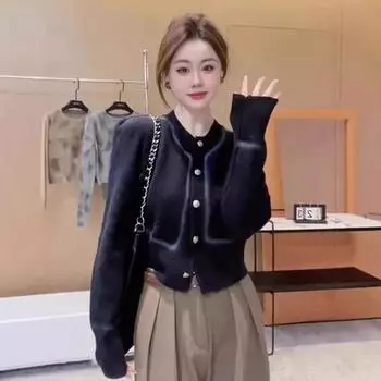 Новый осенне-зимний дизайн, окрашенный распылением круглый ворот, универсальный однобортный вязаный кардиган с длинными рукавами, утягивающий топ One Size