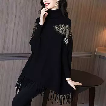 Новый осенне-зимний дизайн с ощущением ниши, черная накидка в ленивом стиле с высоким воротником и женским рукавом «летучая мышь». One Size чёрный