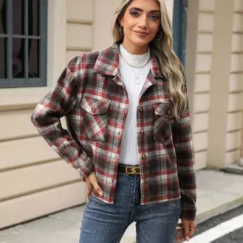 Новый осенне-зимний длинный рукав свободный карман клетчатый топ женский пальто клетчатая рубашка с лацканами длинный рукав L оранжевый