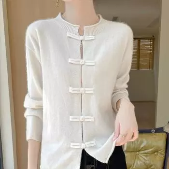 Новый осенне-зимний кардиган из новой китайской шерсти для женщин, вязаная куртка на пуговицах, ретро свитер-топ, рубашка из чистой шерсти M белый