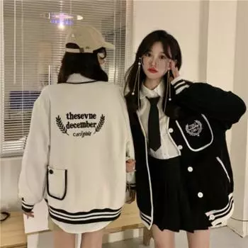 Новый осенне-зимний кардиган с вышитыми буквами, толстовка женская тонкая свободная бейсбольная форма, куртка, топ M чёрный