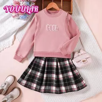 Новый осенне-зимний костюм для девочек из двух частей: толстовка с клетчатой юбкой 7-8Y розовый
