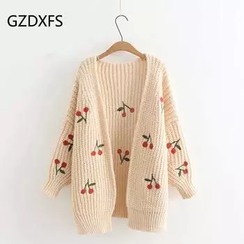 Новый осенне-зимний милый свитер-кардиган больших размеров с вышивкой морского конька и вишни 0nes ize зелёный