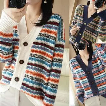 Новый осенне-зимний модный кардиган жаккардовый кардиган с длинными рукавами темпераментный дорожный женский повседневный полосатый пиджак в тон One size красный