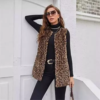 Новый осенне-зимний модный повседневный леопардовый принт теплый кардиган топ S темно-коричневого
