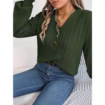 Новый осенне-зимний однотонный пуловер с v-образным вырезом на пуговицах и рукавами-фонариками S белый