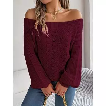 Новый осенне-зимний повседневный свитер с открытыми плечами и длинными рукавами S винный