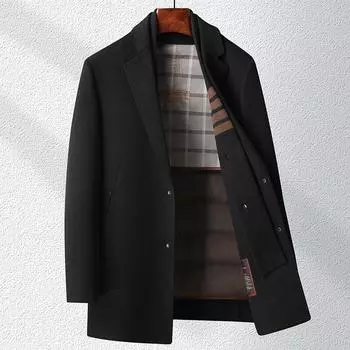 Новый осенне-зимний съемный шарф, подкладка из гусиного пуха, утолщенное двухстороннее шерстяное пальто, мужское шерстяное пальто средней длины M чёрный