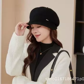 Новый осенне-зимний шерстяной женский берет модная теплая шапка утолщенная однотонная универсальная шерстяная студенческая One size чёрный