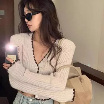 Новый осенне-зимний стиль ретро контрастного цвета с V-образным вырезом универсальный однобортный вязаный короткий кардиган свитер для женщин S абрикосовый