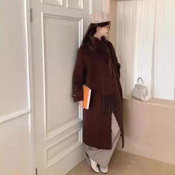 Новый осенне-зимний стиль Съемный шарф с кисточками Двустороннее шерстяное пальто Женское удлиненное пальто на одной пуговице S