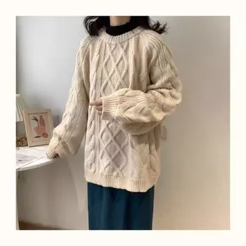 Новый осенне-зимний свитер из толстой мягкой вощеной нити для женщин в корейском стиле, свободный ленивый стиль, круглый вырез, скрученный свитер с длинными рукавами One Size
