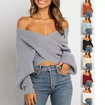 Новый осенне-зимний свитер-пуловер с V-образным вырезом и перекрестным вырезом на животе L бежевый