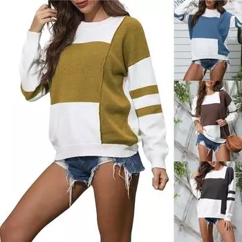 Новый осенне-зимний свитер с цветовым сочетанием, круглый вырез, пуловер, вязаный женский свитер L армия зеленый