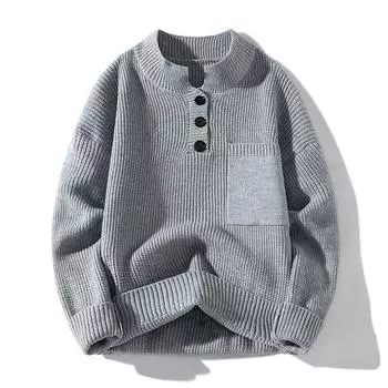 Новый осенне-зимний свитер с полувысоким воротником на пуговицах, вязаный свитер, мужской универсальный свитер-жакет M серый