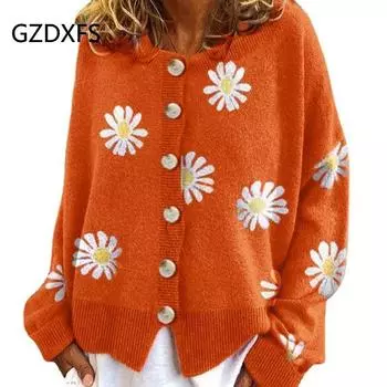 Новый осенне-зимний свитер, женский маленький осенний вязаный кардиган с вышивкой хризантем, женское платье S чёрный