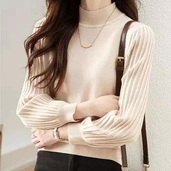 Новый осенне-зимний свободный вязаный свитер с высоким воротником и объемными рукавами для тепла и облегающей основы свитера One Size белый