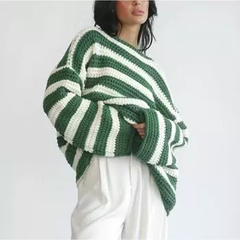 Новый осенне-зимний топ, свободный, с однострочным воротником, в полоску, с длинными рукавами, вязаный свитер, повседневный женский свитер S зелёный