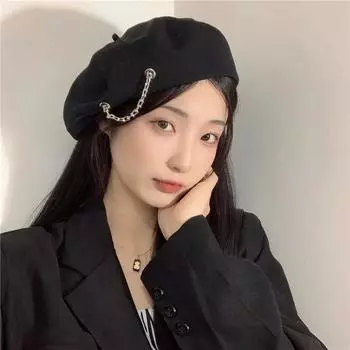 Новый осенне-зимний универсальный берет, милая крутая цепочка, шляпа художника, интернет-знаменитость, большая окружность головы, восьмиугольная шляпа, прилив M (56-58cm) delicate smiley face chain beret чёрный