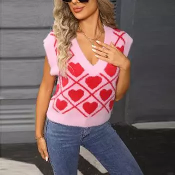 Новый осенне-зимний женский короткий жилет с V-образным вырезом в форме сердца на День святого Валентина, вязаный свитер S розовый