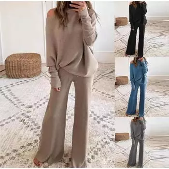 Новый осенне-зимний женский костюм, однотонный, с круглым вырезом, длинными рукавами, свитер, брюки, повседневный модный костюм из двух частей S чёрный