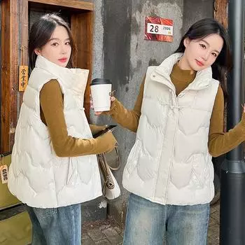 Новый осенне-зимний женский модный жилет из хлопка, свободный и универсальный жилет из хлопка для верхней одежды L чёрный