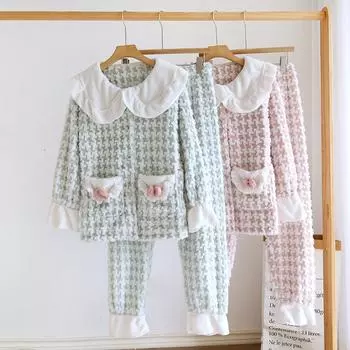 Новый осенне-зимний женский пижамный комплект из кораллового флиса, милый, свежий, повседневный, утепленный фланелевый домашний мех, комплект из двух предметов M зелёный