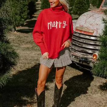 Новый осенне-зимний женский рождественский свитер с высоким воротом, свободный вязаный свитер с длинным рукавом, топ для женщин S красный