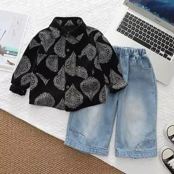 Новый осенний комплект для мальчиков. Вельветовая рубашка с длинными рукавами для мальчика. Комплект из двух предметов: детская рубашка в стиле вестерн и брюки. S чёрный