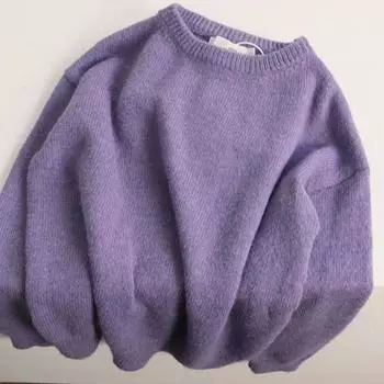 Новый осенний круглый вырез однотонный свободный свитер-пуловер для женщин зимний ретро длинный рукав вязаный свитер женский модный облегающий трикотажный джемпер 25561 One Size светло-серый