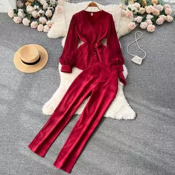 Новый осенний маленький костюм с v-образным вырезом и шнуровкой на талии, топ плюс повседневные открытые брюки с высокой талией, женский комплект из двух предметов